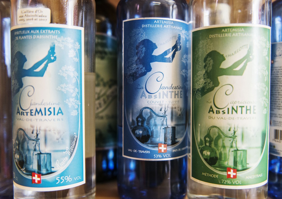 Absinthe products of the Artemisia distillery, pictured on August 13, 2013, in the absinthe distillery Artemisia in Couvet in Val-de-Travers, canton of Neuchatel, Switzerland. (KEYSTONE/Christian Beut ...