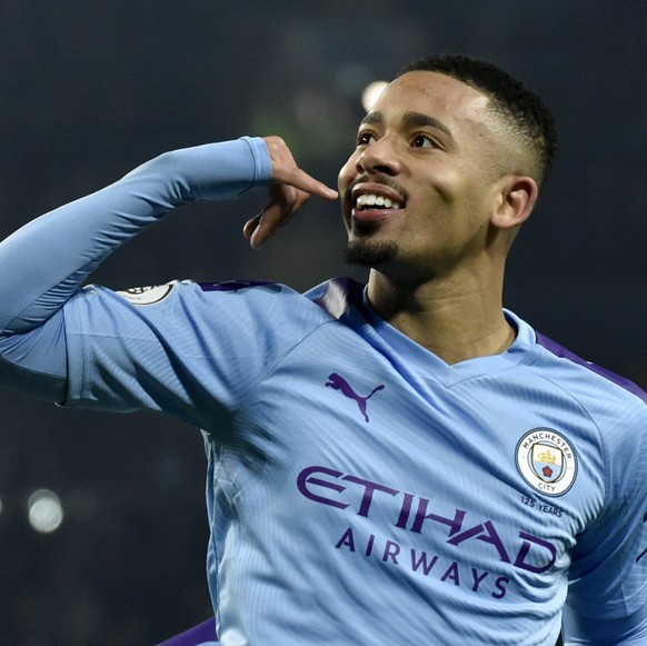 Manchester City's Gabriel Jesus celebrates after scoring his side's opening goal during the English Premier League soccer match between Manchester City and Everton at Etihad stadium in Manch ...