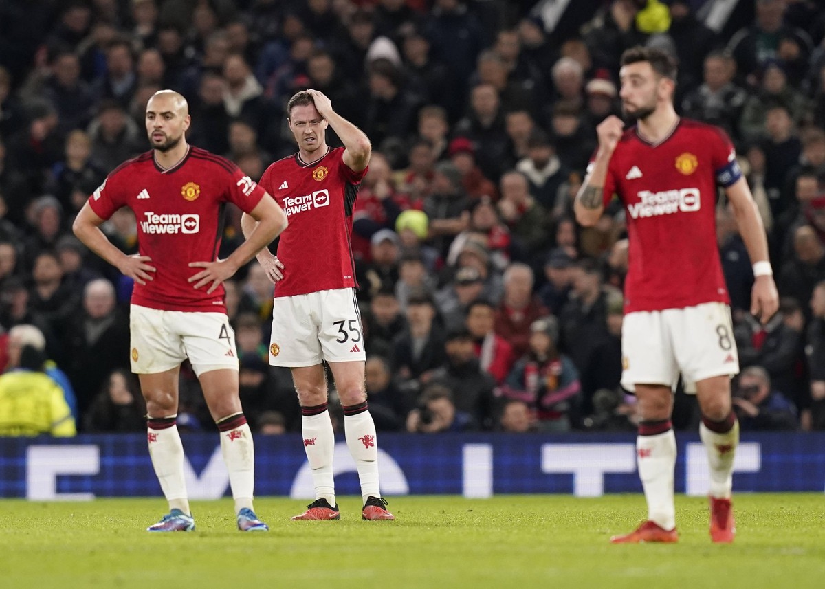 Manchester, England, 12th December 2023. Dejected Jonny Evans of Manchester United, ManU following the Bayern goal during the UEFA Champions League match at Old Trafford, Manchester. Picture credit sh ...