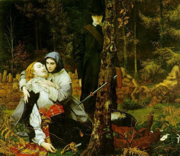 Allegorie des Englischen Bürgerkriegs von William Shakespeare Burton, 1855: Ein Royalist liegt verwundet am Boden, ein Puritaner in Schwarz steht im Hintergrund.