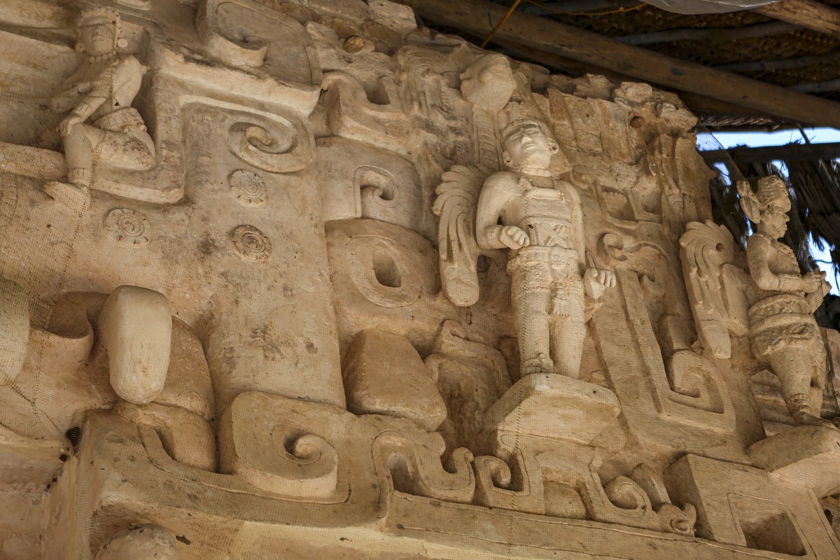 epa10475770 A wall of the archeological site of Ek Balam in Merida, Mexico, 17 February 2023 (issued 18 February 2023). The excavations in the Ek Balam site at Yucatan state have revealed sculptures,  ...