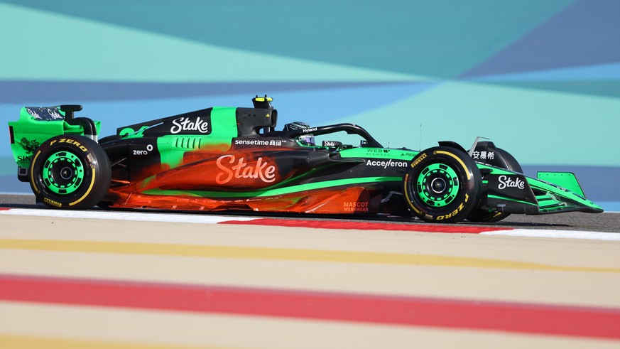 epa11170445 Kick Sauber driver Guanyu Zhou of China steers his car during the pre-season testing for the 2024 Formula One season at the Bahrain International Circuit in Sakhir, Bahrain, 21 February 20 ...