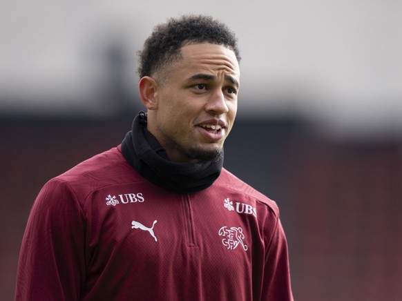 Noah Okafor, ici lors de son dernier passage en �quipe de Suisse en novembre dernier, n&#039;avait plus marqu� depuis ao�t 2024 en match officiel (archives).