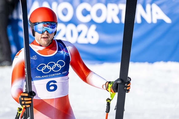 Switzerland's Niels Hintermann at the finish area during the men's second official alpine skiing downhill training at the 2026 Olympic Winter Games at the Stelvio Ski centre in Bormio, Italy ...