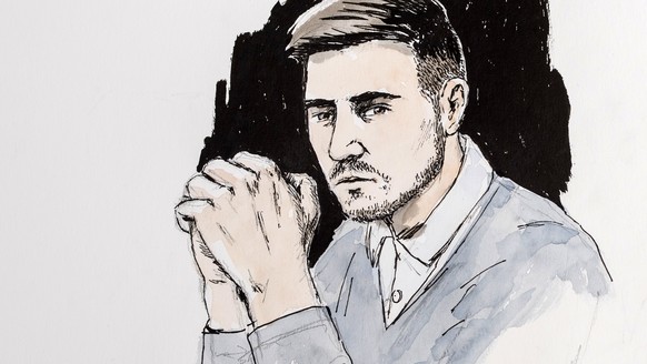 epa06607723 A drawing shows Thomas N. (L) and his public defender Renate Senn (R) at the pronouncement of judgement in the court case of the quadruple murder of Rupperswil at the district court Lenzbu ...