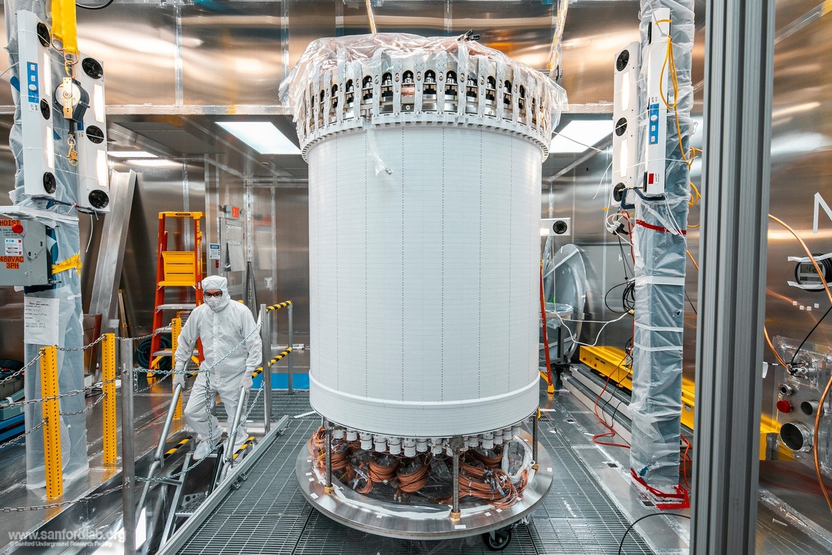 The LUX-ZEPLIN main detector in a surface lab before installation underground. 
https://newscenter.lbl.gov/2026/09/01/lz-sees-surprising-result-in-search-for-dark-matter/