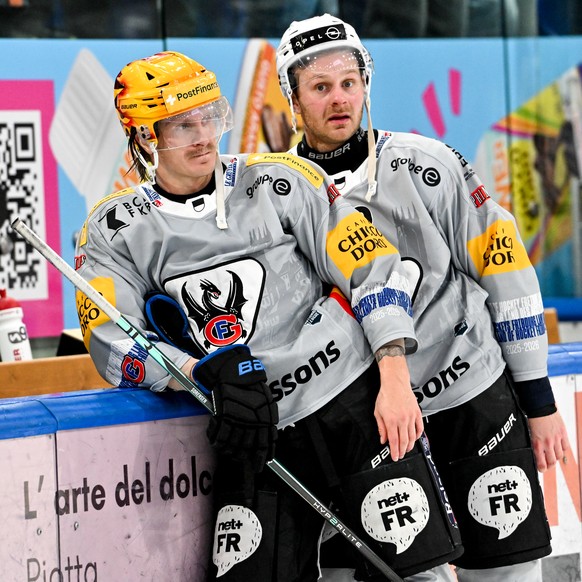 PostFinance Top Scorer Marcus Soerensen (HCFG) and Lucas Wallmark (HCFG) disappointed for the loss, during the regular season National League game between HC Ambri Piotta and HC Fribourg Gotteron at t ...