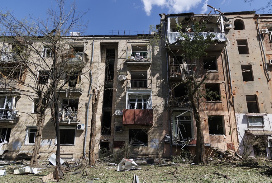 epa11320204 The scene of a Russian bomb attack on a residential building in Kharkiv, northeastern Ukraine, 05 May 2024 At least 14 people were wounded in glide bomb attacks across the city, according  ...