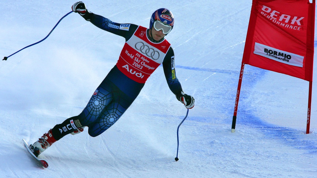 Bode Miller of the United States makes a turn on one ski during the Downhill portion of the Men's Combined at the World Alpine Ski Championships in Bormio, Italy, Thursday Feb. 3, 2005. Miller lo ...