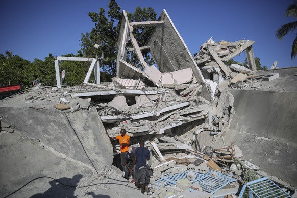 The residence of the Catholic bishop lays in ruins after an earthquake in Les Cayes, Haiti, Saturday, Aug. 14, 2021. A 7.2 magnitude earthquake struck Haiti on Saturday, with the epicenter about 125 k ...