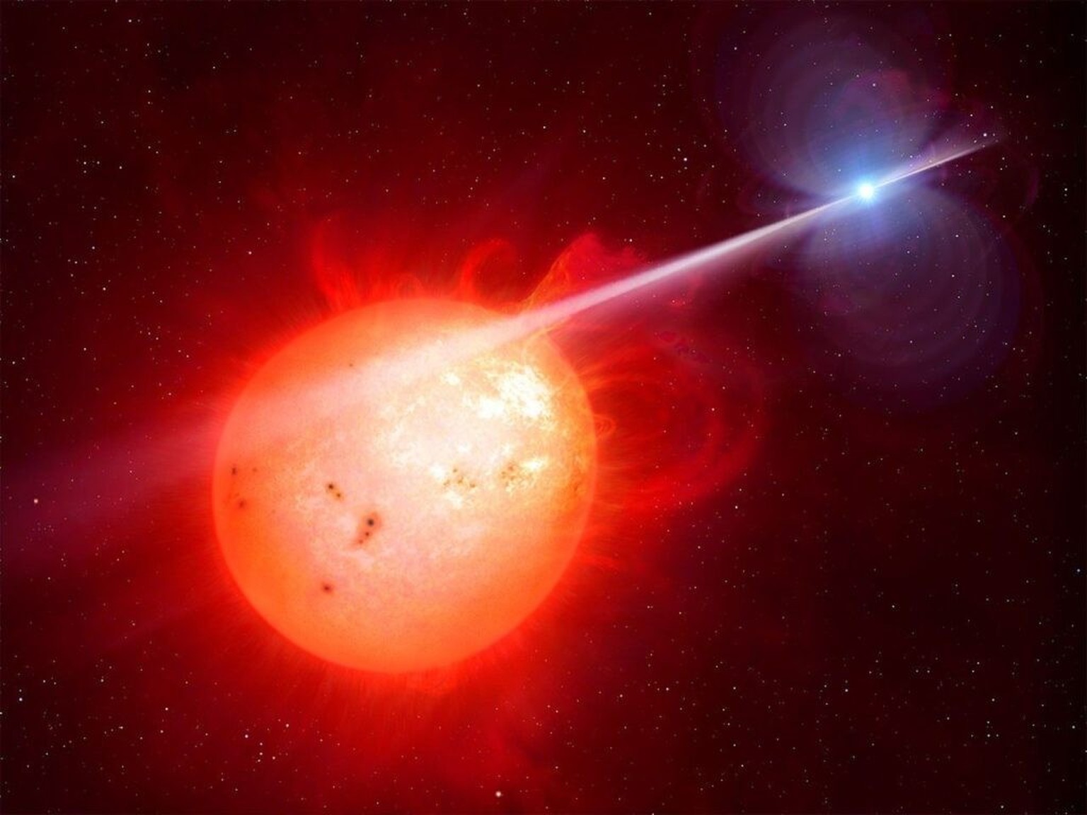 Künstlerische Darstellung eines Weisser-Zwerg-Pulsars: In diesem Doppelsternsystem beschleunigt ein sich schnell um seine eigene Achse drehender Weisser Zwerg (rechts) Elektronen auf nahezu Lichtgesch ...