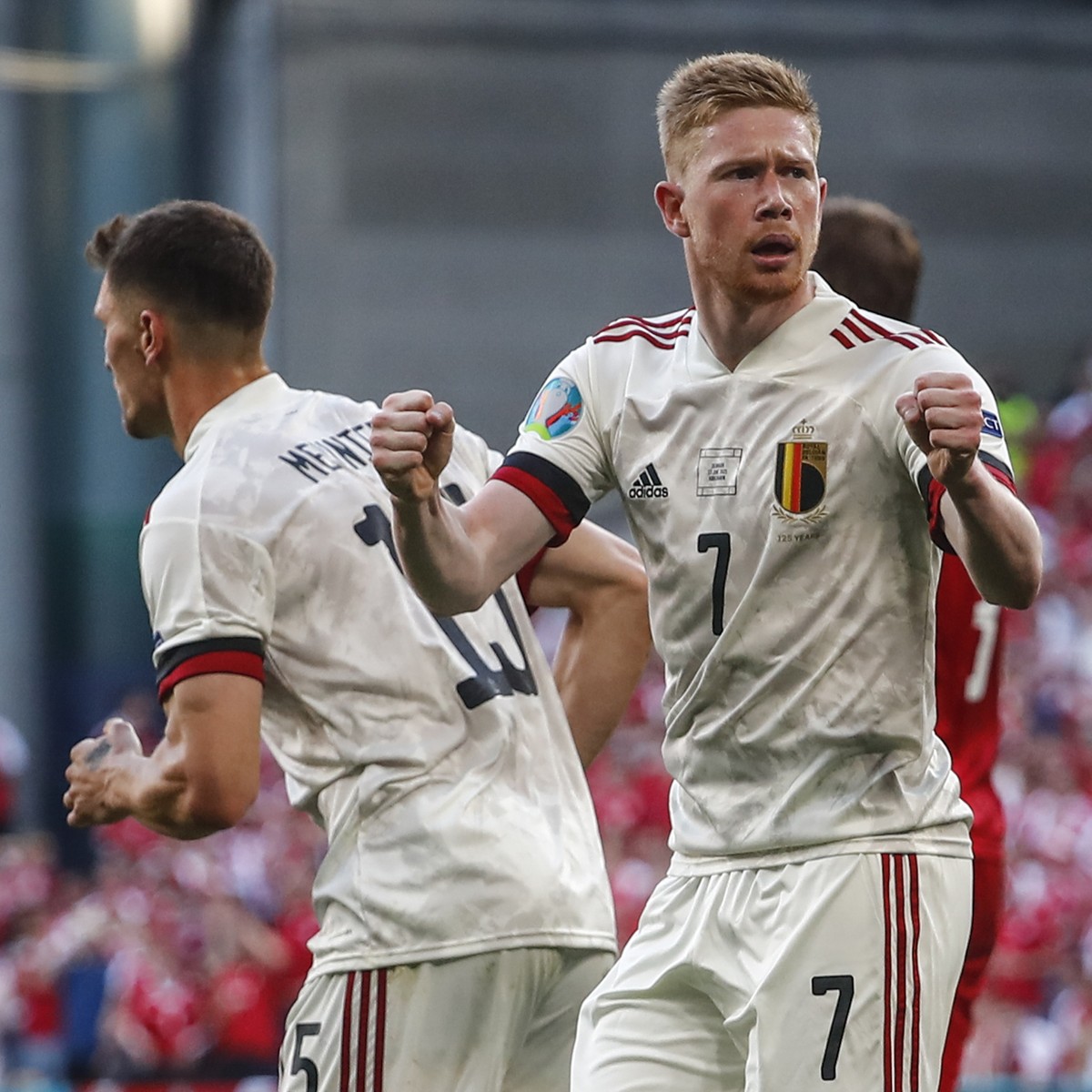 Belgium's Kevin De Bruyne reacts after Thorgan Hazard scored during the Euro 2020 soccer championship group B match between Denmark and Belgium, at the Parken stadium in Copenhagen, Thursday, Jun ...