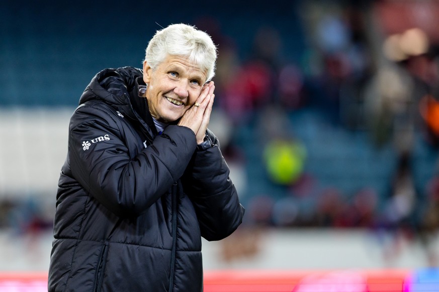 KEYPIX - Head coach Pia Sundhage of Switzerland gestures after the women&#039;s international friendly soccer match between Switzerland and Canada at the Swissporarena, in Lucerne, Switzerland, on Fri ...