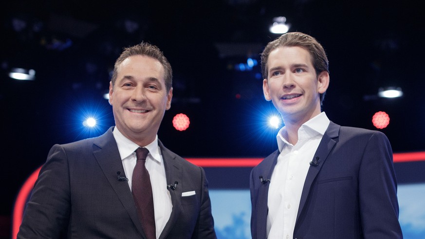 ABD0096_20171010 - WIEN - ÖSTERREICH: vlnr.: FPÖ-Chef Heinz-Christian Strache und ÖVP-Bundesparteiobmann Sebastian Kurz am Dienstag, 10. Oktober 2017, anl. eines ORF-TV-Duells der Spitzenkandidaten de ...