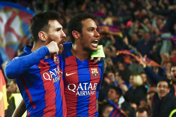 epa05837560 Barcelona&#039;s Lionel Messi (L) and Neymar (R) celebrate winning the UEFA Champions League second leg round of 16 match between FC Barcelona and Paris Saint-Germain (PSG) at Camp Nou sta ...