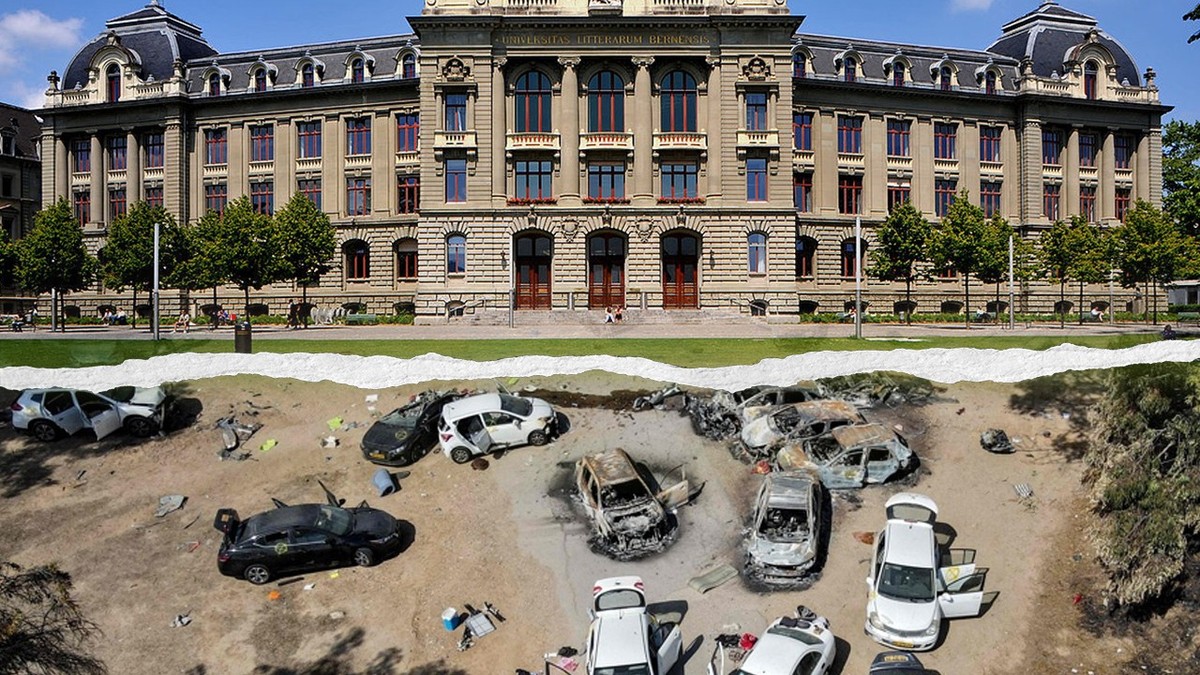 L'Université de Berne et une image du massacre du Hamas du 7 octobre.