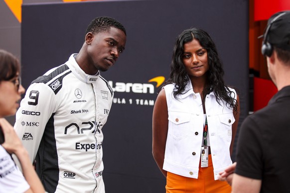 IDRIS Damson Alade-Bo GBR, actor playing Joshua Pearce, driver of the fictional APX GP team in the Apex F1 movie by Apple Studios / Bruckheimer Films, portrait and SIMONE Ashley actress portrait durin ...