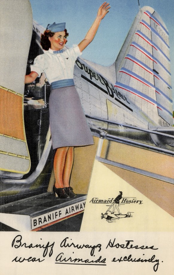 1924: Eine winkende Stewardess auf einem Werbeplakat für Strümpfe von «Airmaid Hosiery» in angesagten «Flying Colors». 