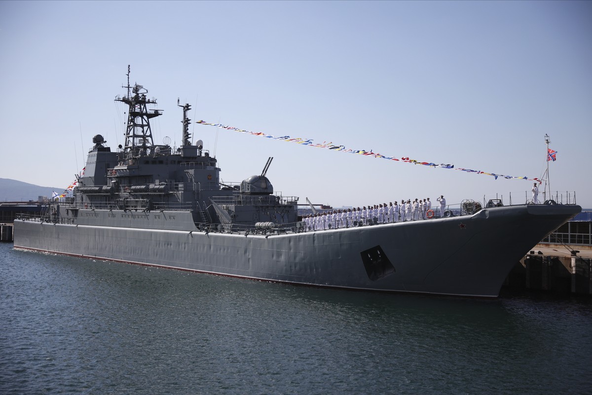 The Olenegorsky Gornyak warship stands moored at a harbour of Novorossiysk, Russia, Sunday, July 30, 2023. Russia accused Ukraine early Friday Aug. 4, 2023 of attacking its Black Sea navy base in the  ...
