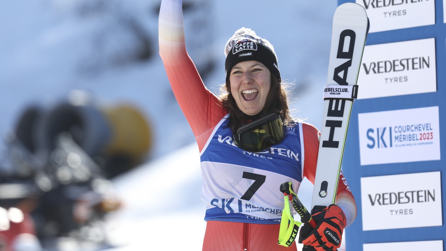 Switzerland&#039;s Wendy Holdener celebrates winning the silver medal in the women&#039;s World Championship parallel, in Meribel, France, Wednesday Feb. 15, 2023. (AP Photo/Alessandro Trovati)