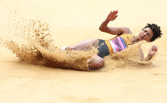 epa11529818 Mikaila Mihambo of Germany competes in a Women Long Jump Qualification of the Athletics competitions in the Paris 2024 Olympic Games, at the Stade de France stadium in Saint Denis, France, ...