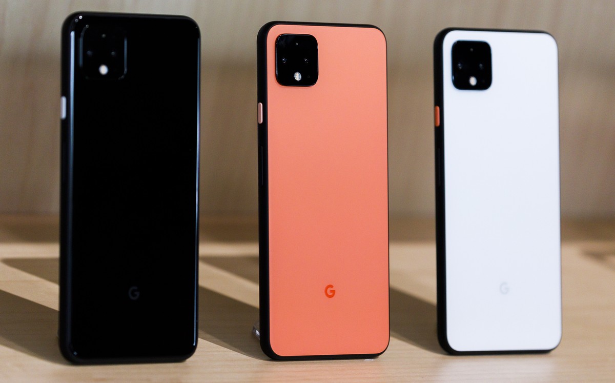 epa07922918 A display of the new Google Pixel 4 phones during a Google product launch event called 'Made by Google '19' in New York, New York, USA, 15 October 2019. The company introduc ...