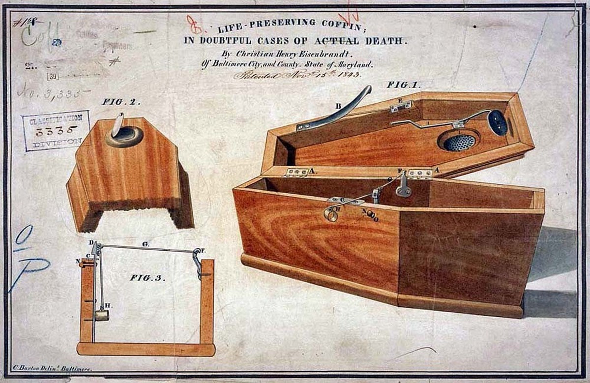 Christian H. Eisenbrandt liess 1843 den ersten Sicherheitssarg in den USA patentieren.