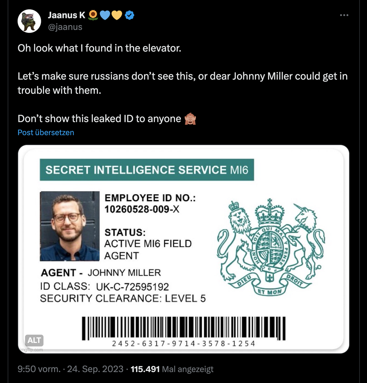NAFO-Posting, das sich über den Putin-Propagandisten Johnny Miller lustig macht.