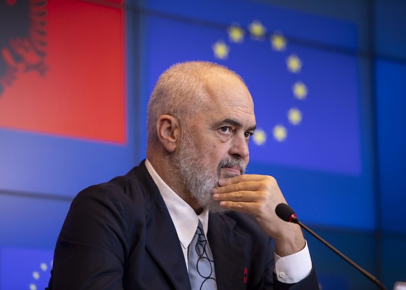 Albanian Prime Minister Edi Rama attends a press conference following the second intergovernmental EU-Albania conference in Luxembourg city in Luxembourg, Tuesday, Oct. 15, 2024, during the Hungarian  ...