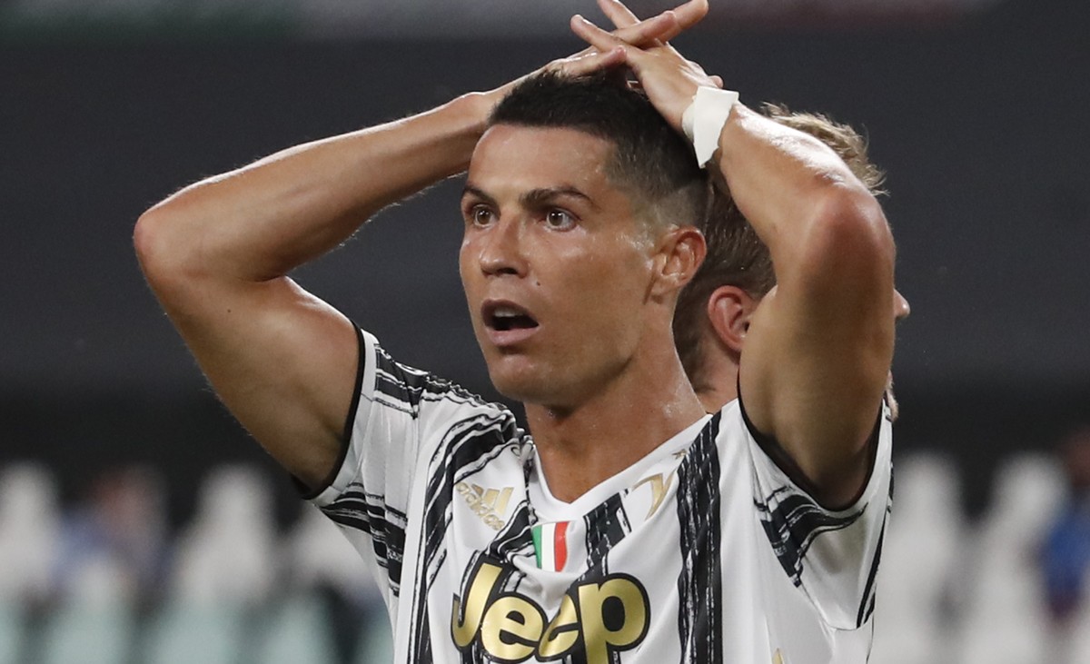 Juventus' Cristiano Ronaldo reacts during the Champions League round of 16 second leg, soccer match between Juventus and Lyon at the Allianz stadium in Turin, Italy, Friday, Aug. 7, 2020. (AP Pho ...