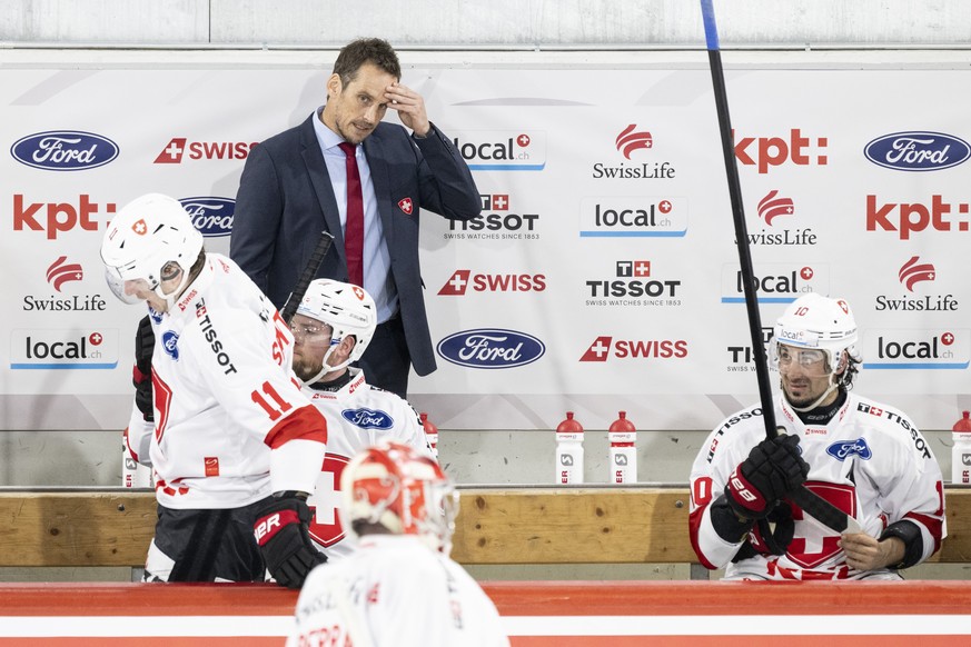 Switzerland�s Head Coach Patrick Fischer reacts during the Breakout-Game of the Betano Hockey Games between Switzerland and Sweden at the stimo Arena in Kloten, Switzerland, Thursday, May 2, 2024. (KE ...