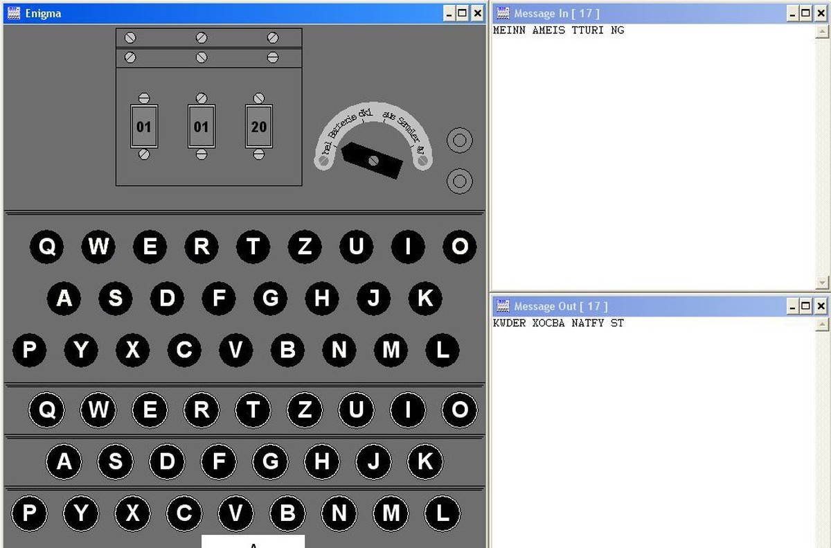 Die Oberfläche der Computersimulation einer Wehrmacht-Enigma, die von Geoff Sullivan, Frode Weierud und David Hamer erarbeitet wurde. Unten rechts ist das Chiffrat zu sehen. In der rechten oberen Ecke ...