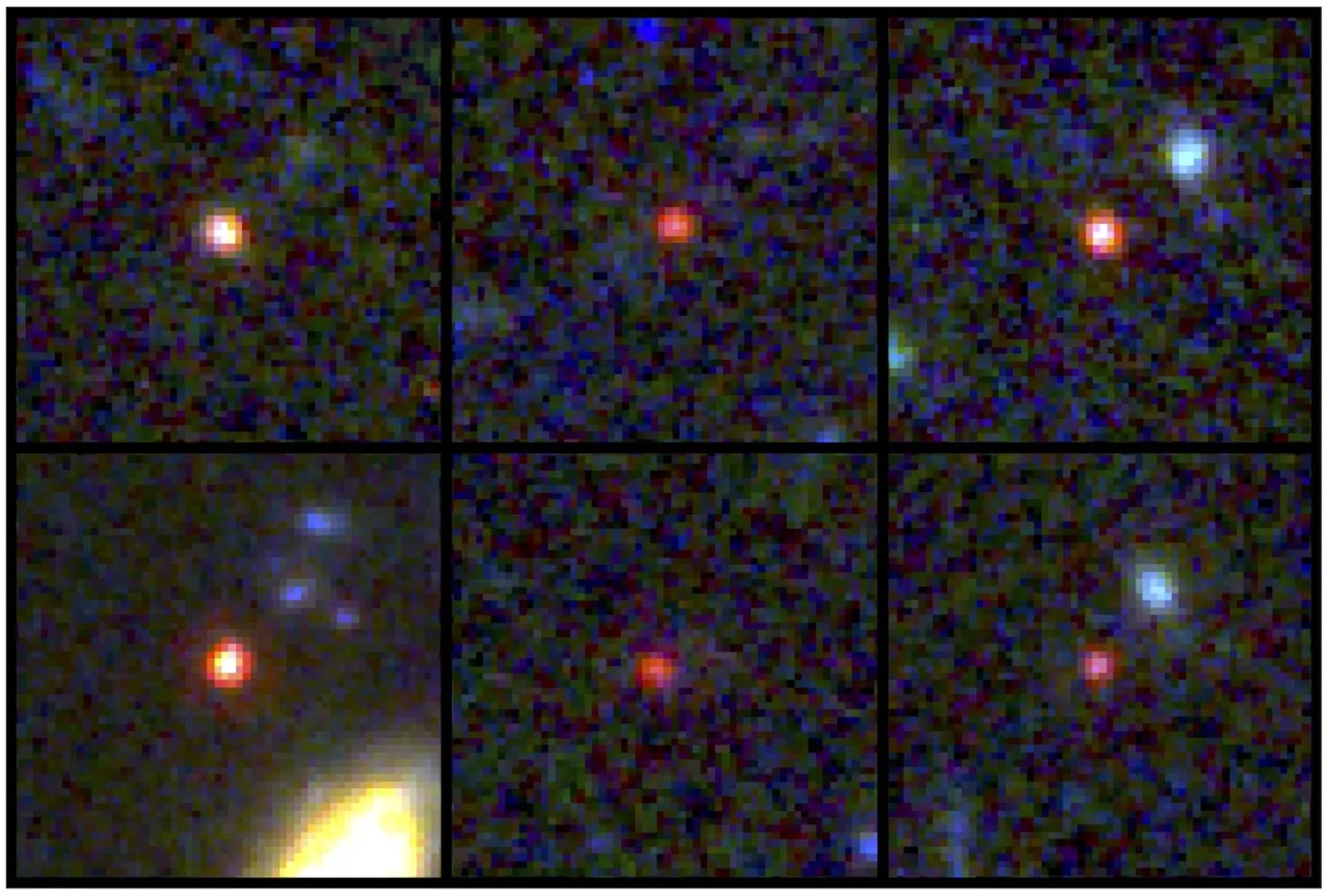 Die sechs roten Punkte könnten riesige und junge Galaxien sein. Die unten links abgebildete Galaxie könnte so viele Sterne enthalten wie unsere eigene Milchstrasse.