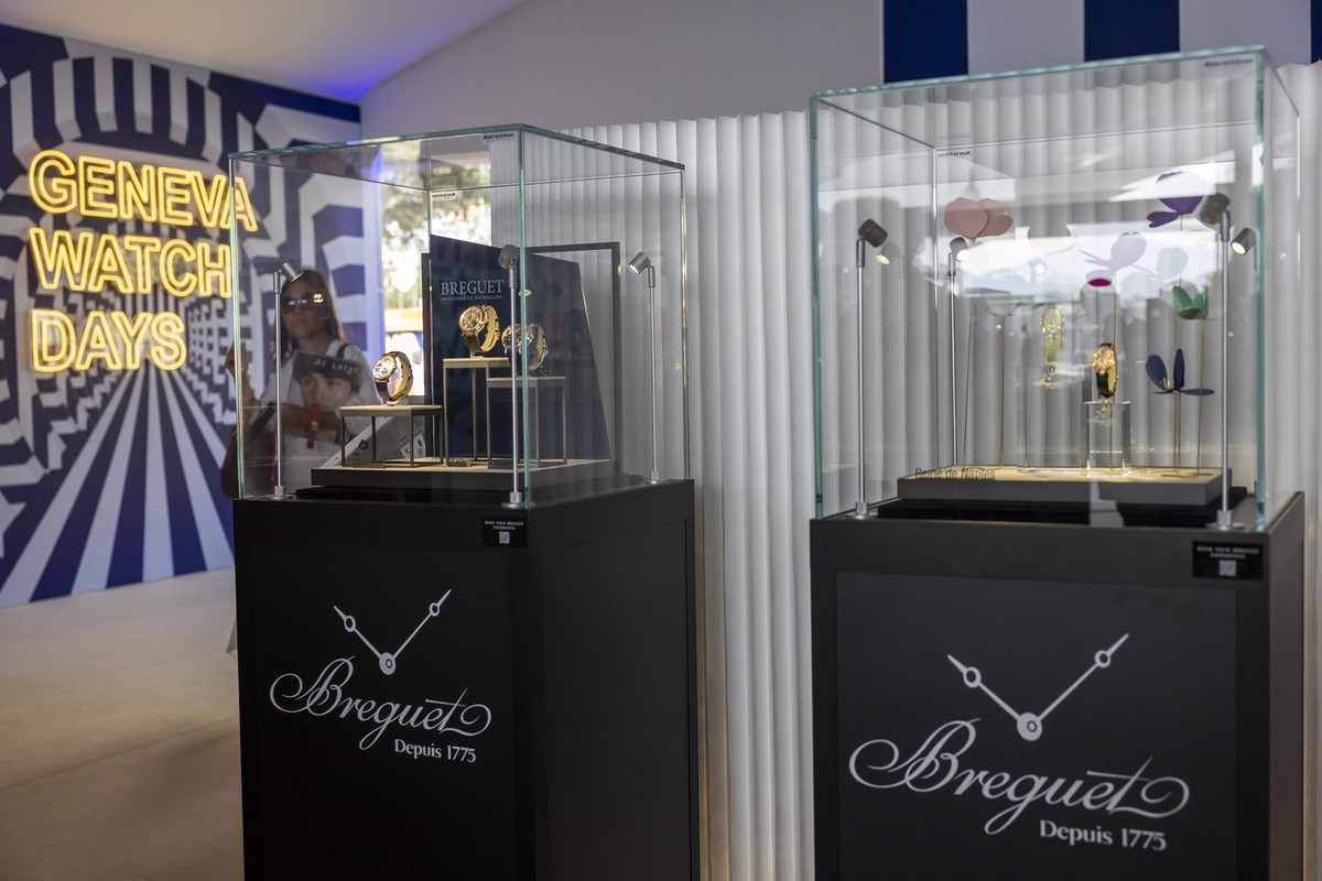 Showcases with Breguet watches are pictured at the Geneva Watch Days Official pavilion, during the Geneva Watch Days 2024, in Geneva, Switzerland, Thursday, August 29, 2024.