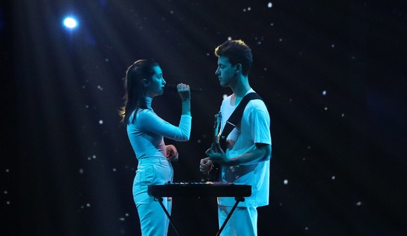 epa07578362 Zala Kralj and GaSper Santl of Slovenia performs during rehearsals for the Grand Final of the 64th annual Eurovision Song Contest (ESC) at the Expo Tel Aviv, in Tel Aviv, Israel, 17 May 20 ...