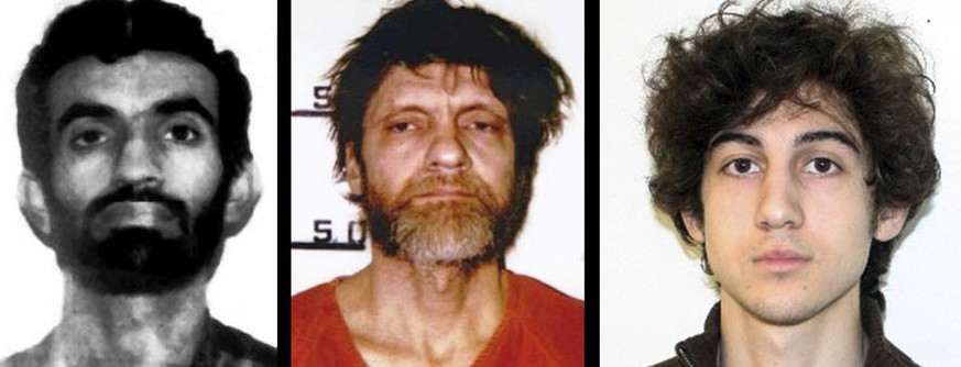 Ramzi Ahmed Yousef, Ted Kaczynski und Dzhokhar Tsarnaev (v. l.).