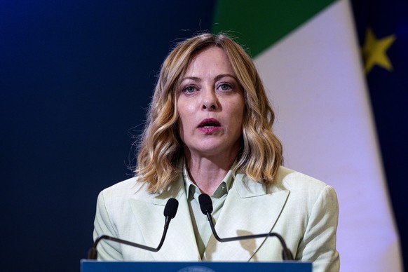 epa12063000 Italian Prime Minister Giorgia Meloni speaks at a joint press conference with Turkish President Recep Tayyip Erdogan, during the IV Italy-Turkiye Summit at Villa Doria Pamphilj in Rome, It ...
