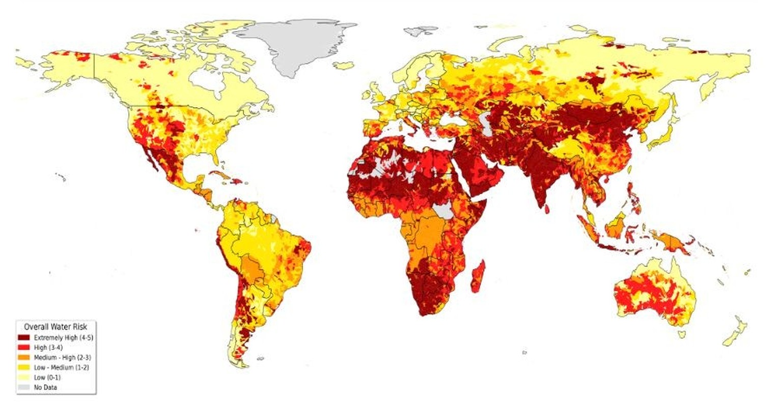 Overall water risk across different regions around the world. The overall risk score reflects the aggregate value of physical water quantity, water quality, and regulatory and reputational risks, with ...