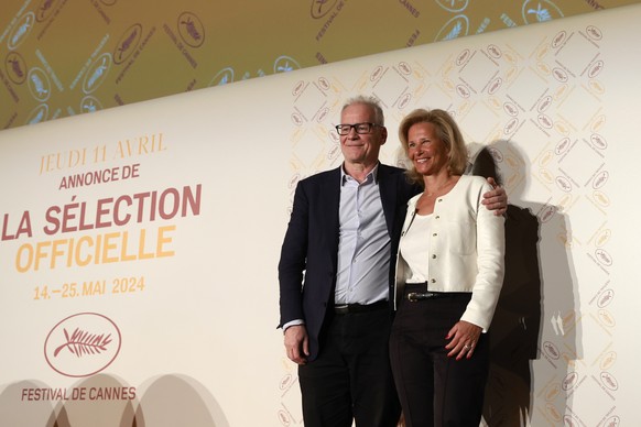 Cannes film festival president Iris Knobloch, right, and Cannes film festival delegate general Thierry Fremaux pose after announcing the International Cannes film festival lineup for the upcoming 77th ...