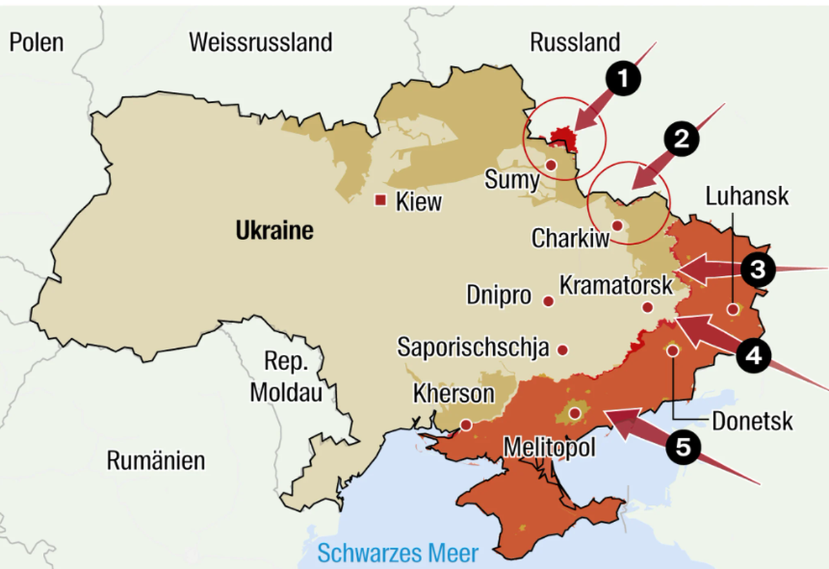 Legende: 1: Unterstützungsoffensive an der Nordachse, 2: Operation Charkiw, 3: Hauptoffensive Ost-Ukraine, 4: Einnahme der Oblasten Donetsk und Luhansk, 5: Unterstützungsoffensive an der Südachse.