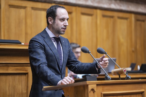 Christian Wasserfallen, FDP-BE, spricht ueber Kernkraft, an der Fruehjahrssession der Eidgenoessischen Raete, am Mittwoch, 8. Maerz 2023 im Nationalrat in Bern. (KEYSTONE/Alessandro della Valle)