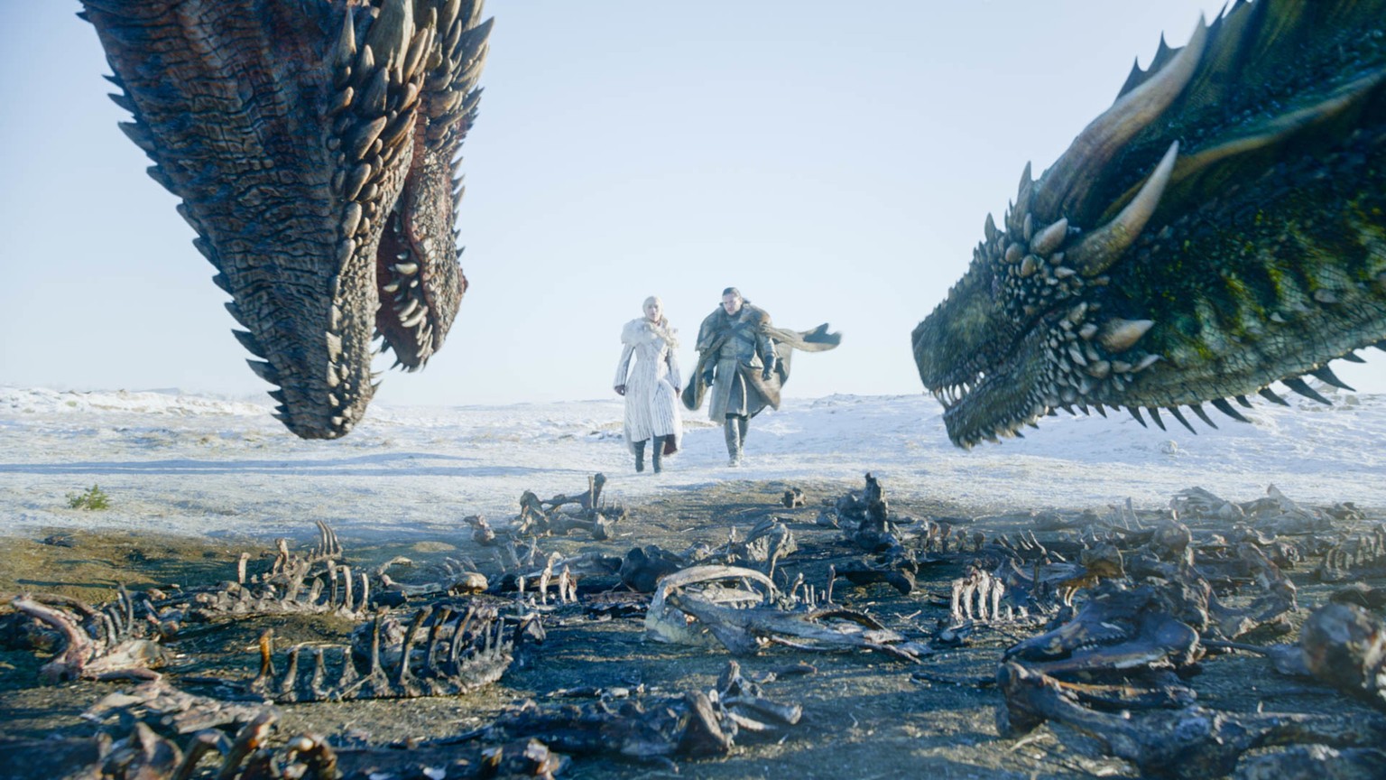 This image released by HBO shows Emilia Clarke, left, and Kit Harington in a scene from &quot;Game of Thrones,&quot; premiering on Sunday, April 14. The first episode of the final season of &quot;Game ...