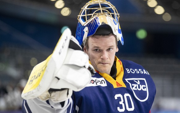 Zugs Torhueter Leonardo Genoni im Eishockey Spiel der National League zwischen dem EV Zug und Geneve-Servette HC am Dienstag, 19. Januar 2021, in der Bossard Arena in Zug. (KEYSTONE/Alexandra Wey)