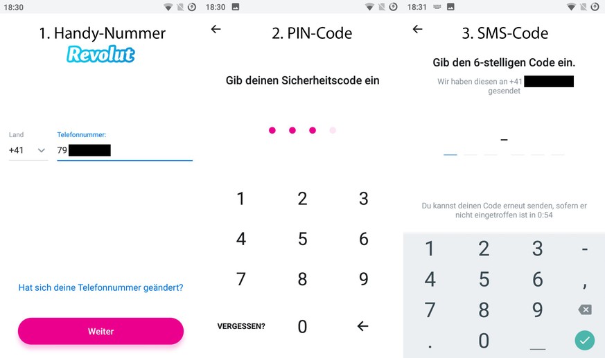 Die Angreifer müssen die Handy-Nummer des Opfers, den PIN-Code der App sowie den von Revolut per SMS verschickten SMS-Code in ihren Besitz bringen.