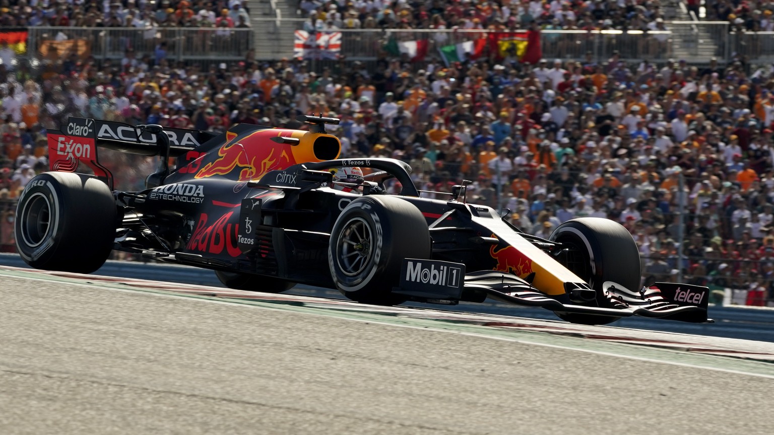Red Bull driver Max Verstappen, of the Netherlands, races during the Formula One U.S. Grand Prix auto race at the Circuit of the Americas, Sunday, Oct. 24, 2021, in Austin, Texas. (AP Photo/Eric Gay)