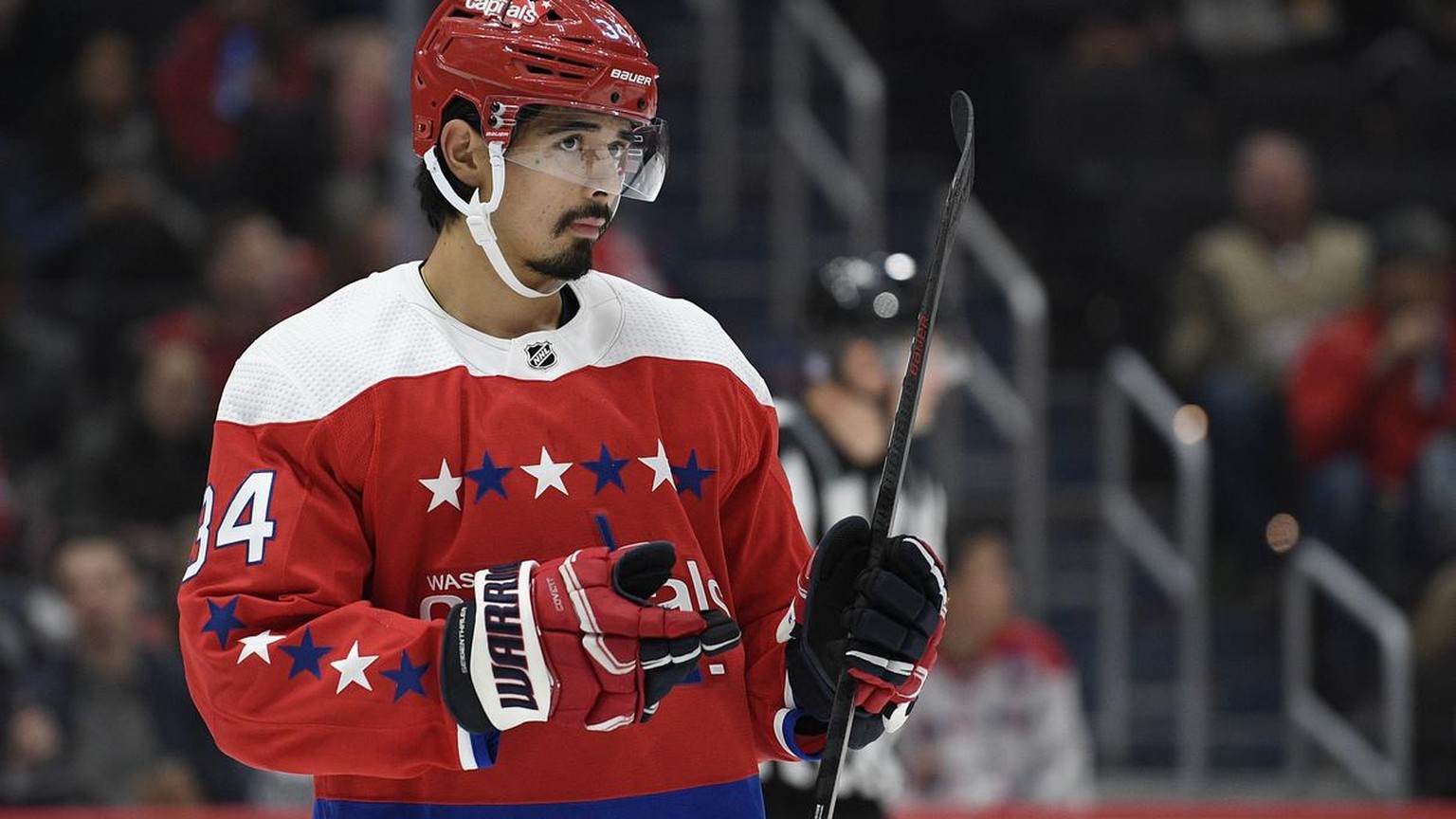 Washington Capitals defenseman Jonas Siegenthaler (34), of Switzerland, stands on the ice during the first period of an NHL hockey game against the Arizona Coyotes, Monday, Nov. 11, 2019, in Washingto ...