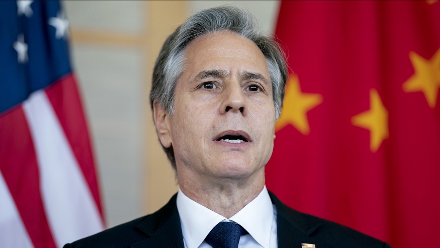 FILE - U.S. Secretary of State Antony Blinken attends a meeting with Chinese Foreign Minister Wang Yi in Nusa Dua on the Indonesian holiday island of Bali, July 9, 2022. Blinken has a scheduled…