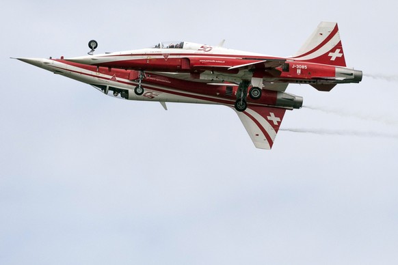 Zwei Tiger F5-E Kampfjets der Patrouille Suisse zeigen einen Überflug in spektakulärer Formation.