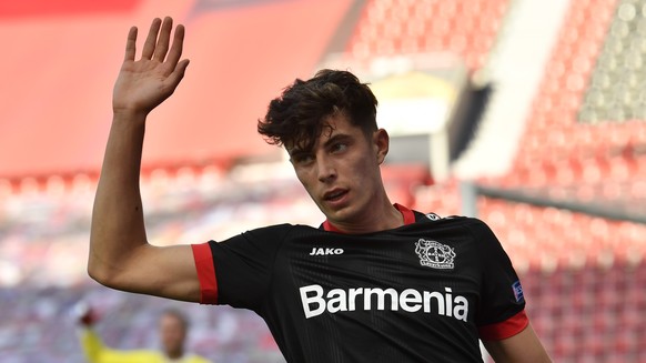 epa08588079 Kai Havertz of Leverkusen reacts during the UEFA Europa League Round of 16 second leg match between Bayer Leverkusen and Glasgow Rangers in Leverkusen, Germany, 06 August 2020. EPA/Martin  ...