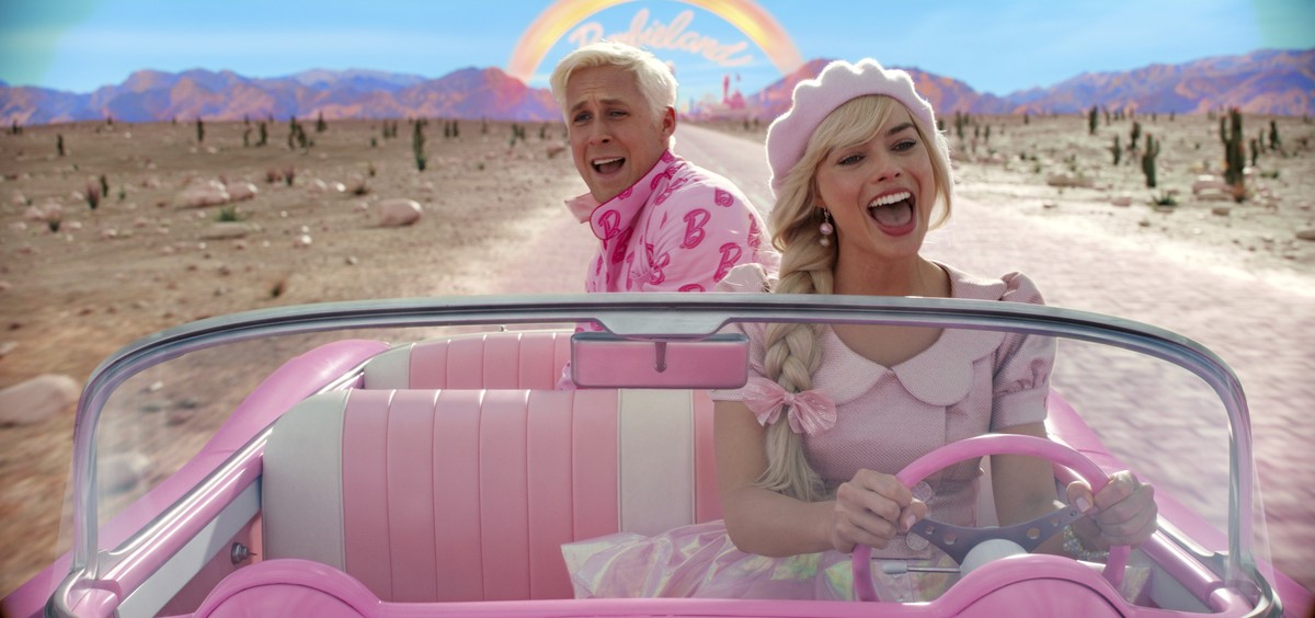This image released by Warner Bros. Pictures shows Ryan Gosling, left, and Margot Robbie in a scene from "Barbie." Earlier this week ?Barbie? passed ?The Super Mario Bros. Movie? to become t ...